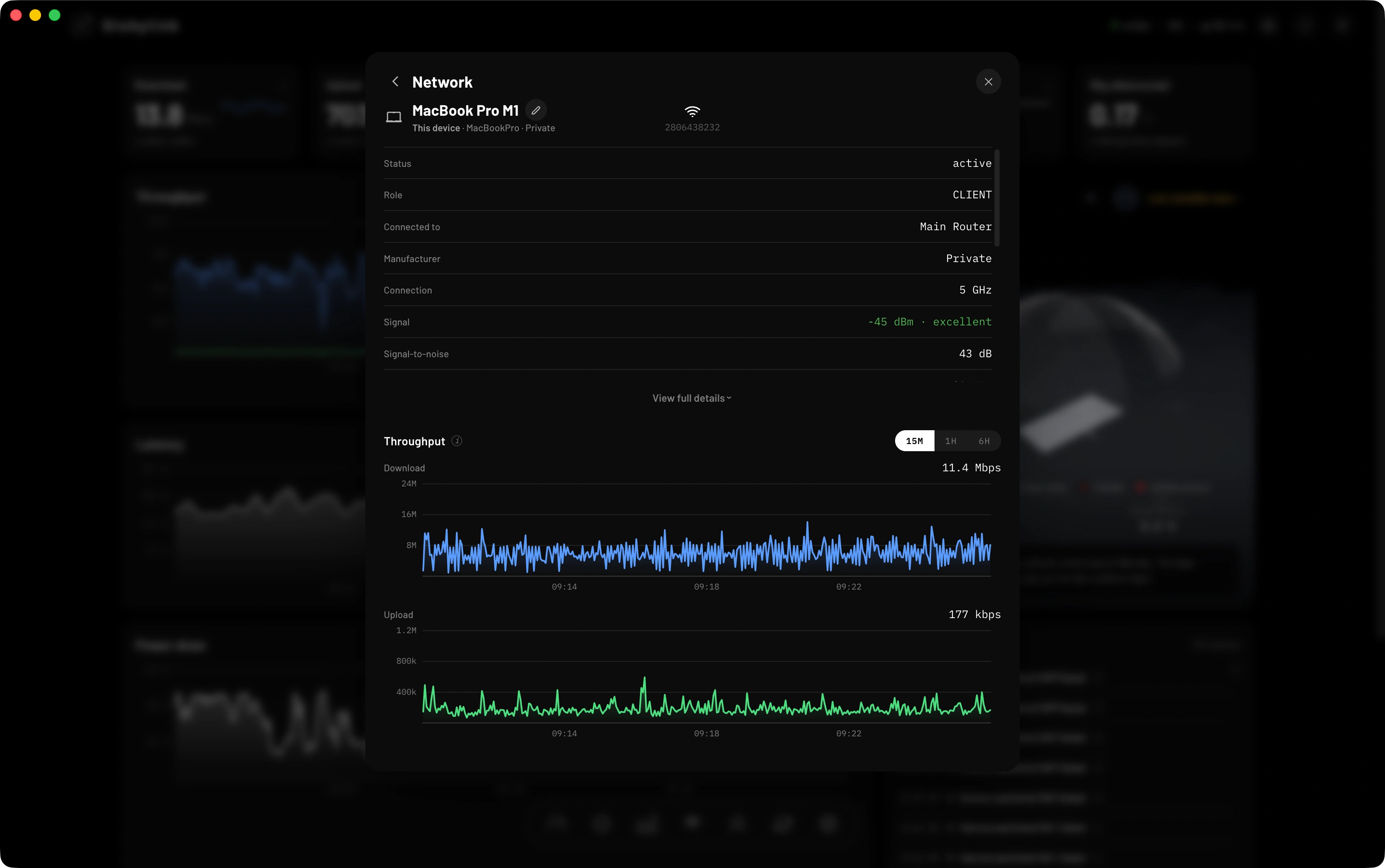 A single device's detail in Dishylink: status, role, the router it's connected to, manufacturer, connection band, signal strength and signal-to-noise, above its own live download and upload throughput charts.