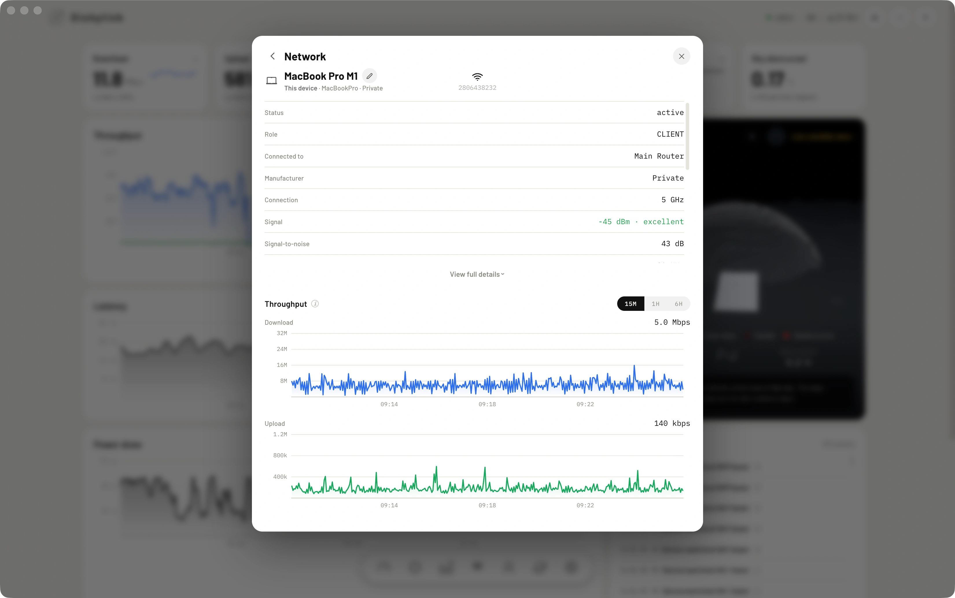 A single device's detail in Dishylink: status, role, the router it's connected to, manufacturer, connection band, signal strength and signal-to-noise, above its own live download and upload throughput charts.