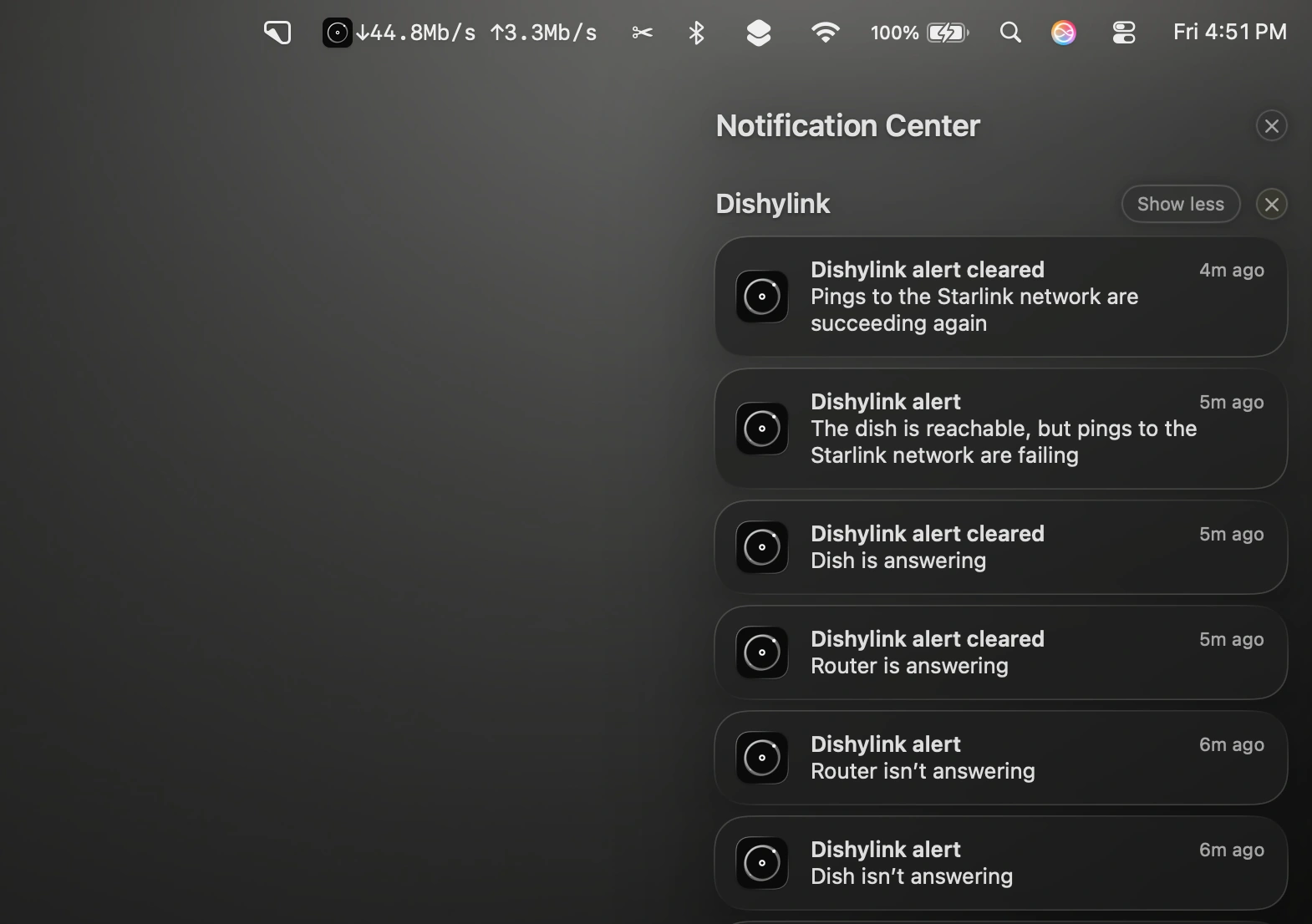 Dishylink in macOS: the live down and up rate in the menu bar, and Notification Center stacked with Dishylink alerts — the dish and router not answering, pings to the Starlink network failing, and the matching cleared notifications as each recovered.