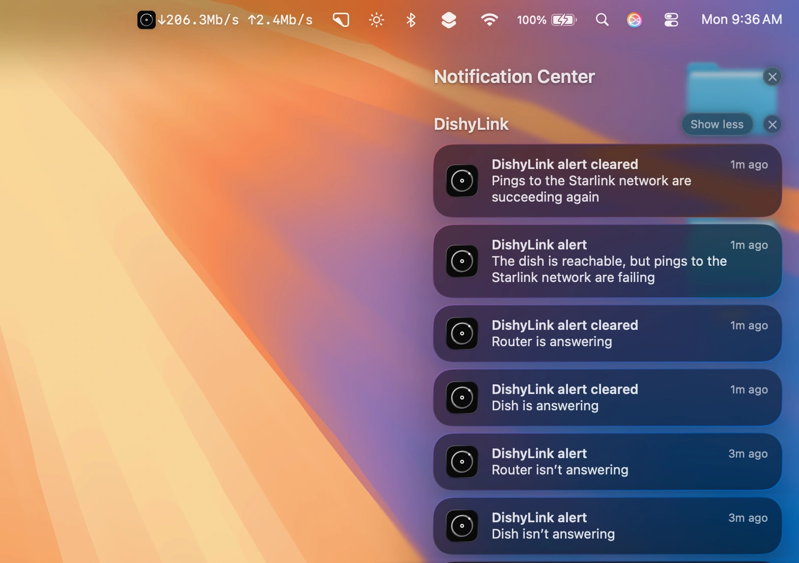 Dishylink in macOS: the live down and up rate in the menu bar, and Notification Center stacked with Dishylink alerts — the dish and router not answering, pings to the Starlink network failing, and the matching cleared notifications as each recovered.