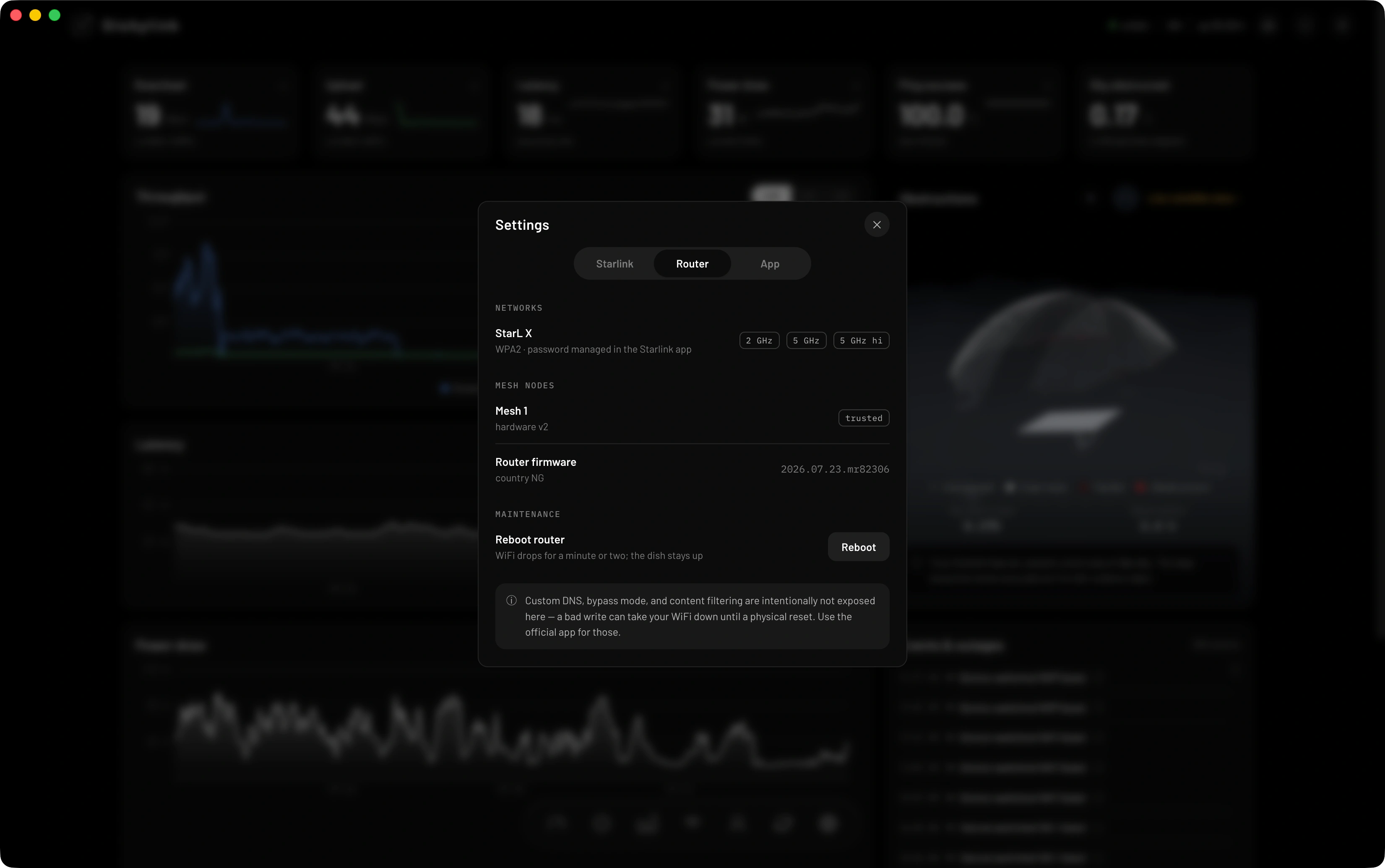 The Router tab of the same settings panel: the StarL X network with its 2 GHz, 5 GHz and 5 GHz hi bands, a trusted Mesh 1 node, router firmware and country, and a reboot router action.