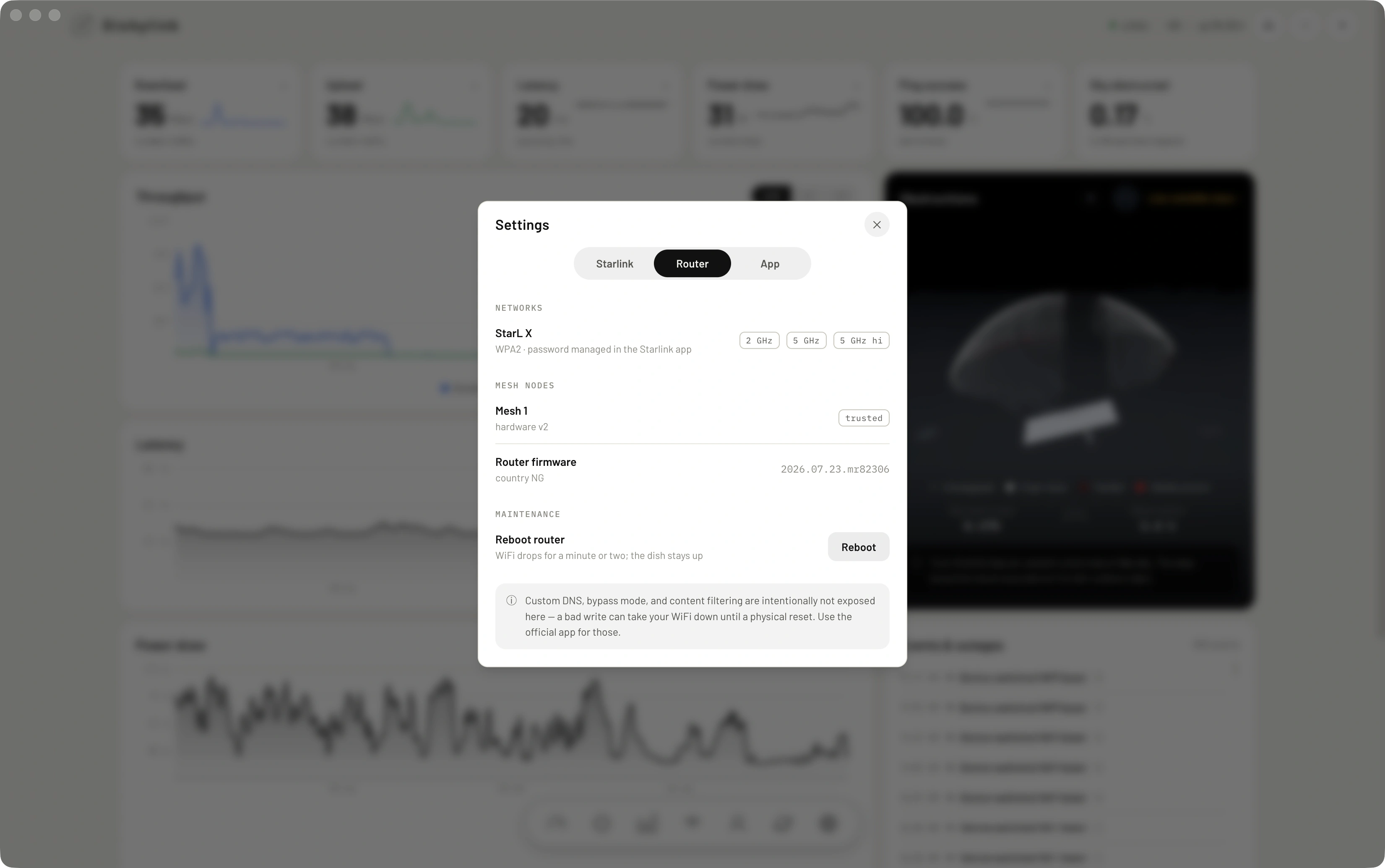 The Router tab of the same settings panel: the StarL X network with its 2 GHz, 5 GHz and 5 GHz hi bands, a trusted Mesh 1 node, router firmware and country, and a reboot router action.