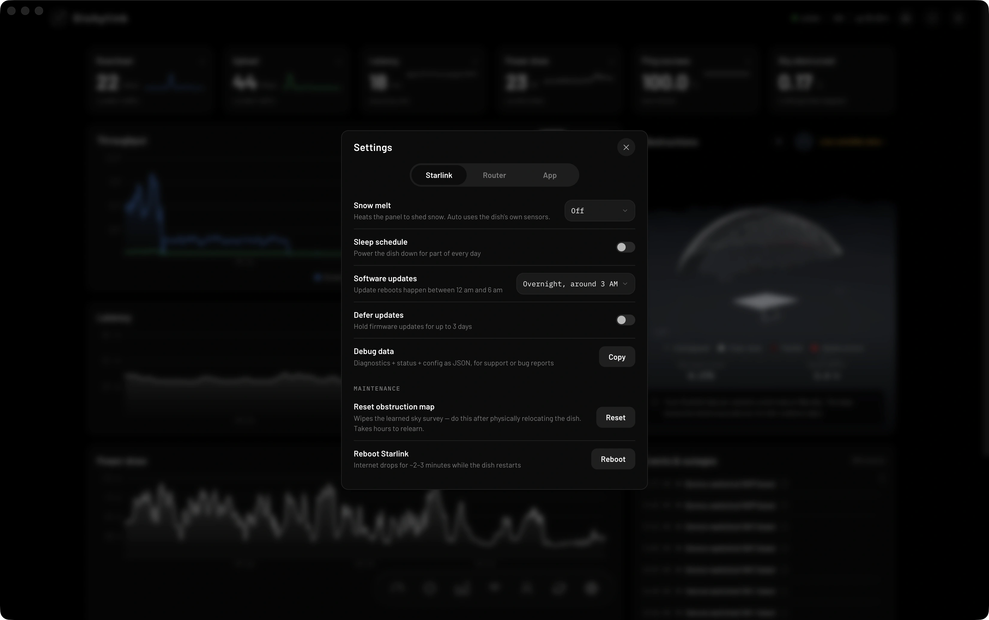 Dishylink's settings on the Starlink tab: snow melt, sleep schedule, a software update window set to overnight around 3 AM, firmware deferral, a debug data copy button, and maintenance actions to reset the obstruction map or reboot the dish.