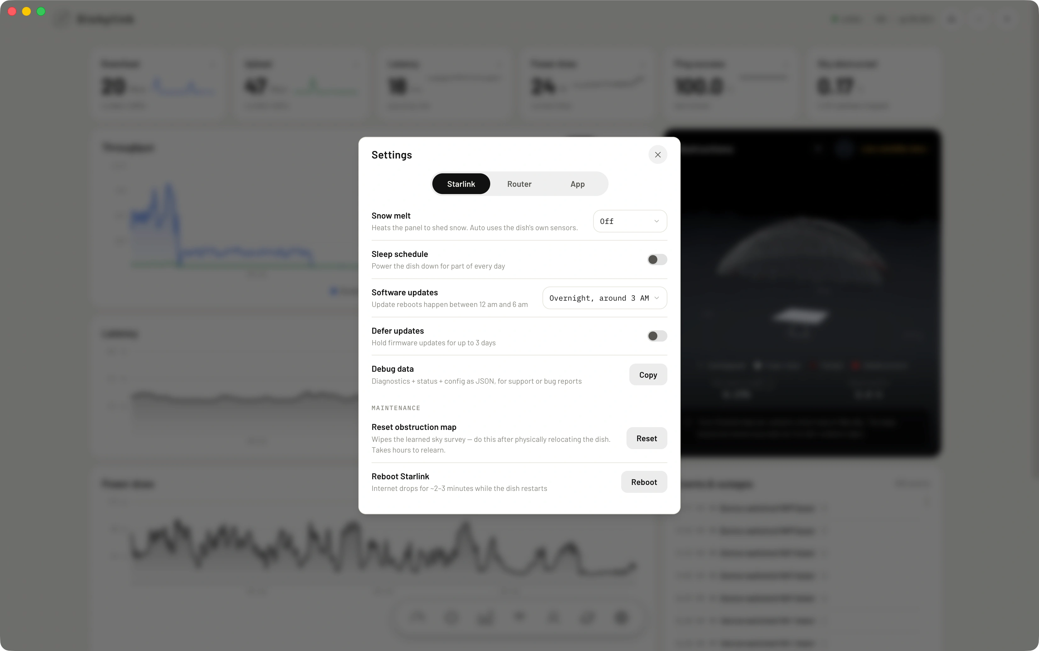Dishylink's settings on the Starlink tab: snow melt, sleep schedule, a software update window set to overnight around 3 AM, firmware deferral, a debug data copy button, and maintenance actions to reset the obstruction map or reboot the dish.