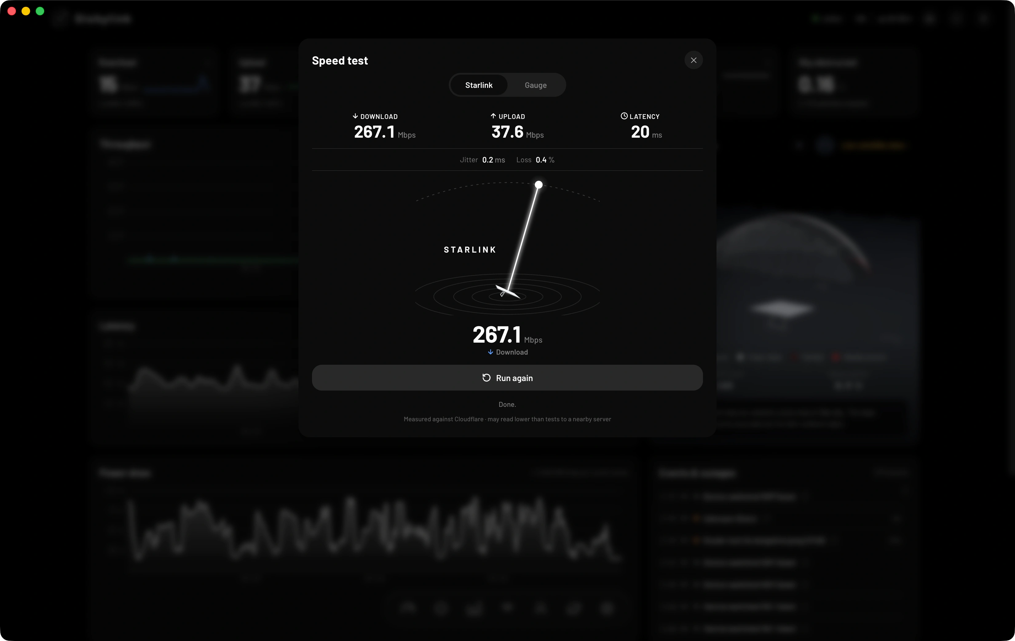 Dishylink's speed test: 267.1 Mbps down, 37.6 Mbps up and 20 ms latency, with jitter and packet loss beneath, a Starlink-styled dish animation, and a run-again button. Measured against Cloudflare.