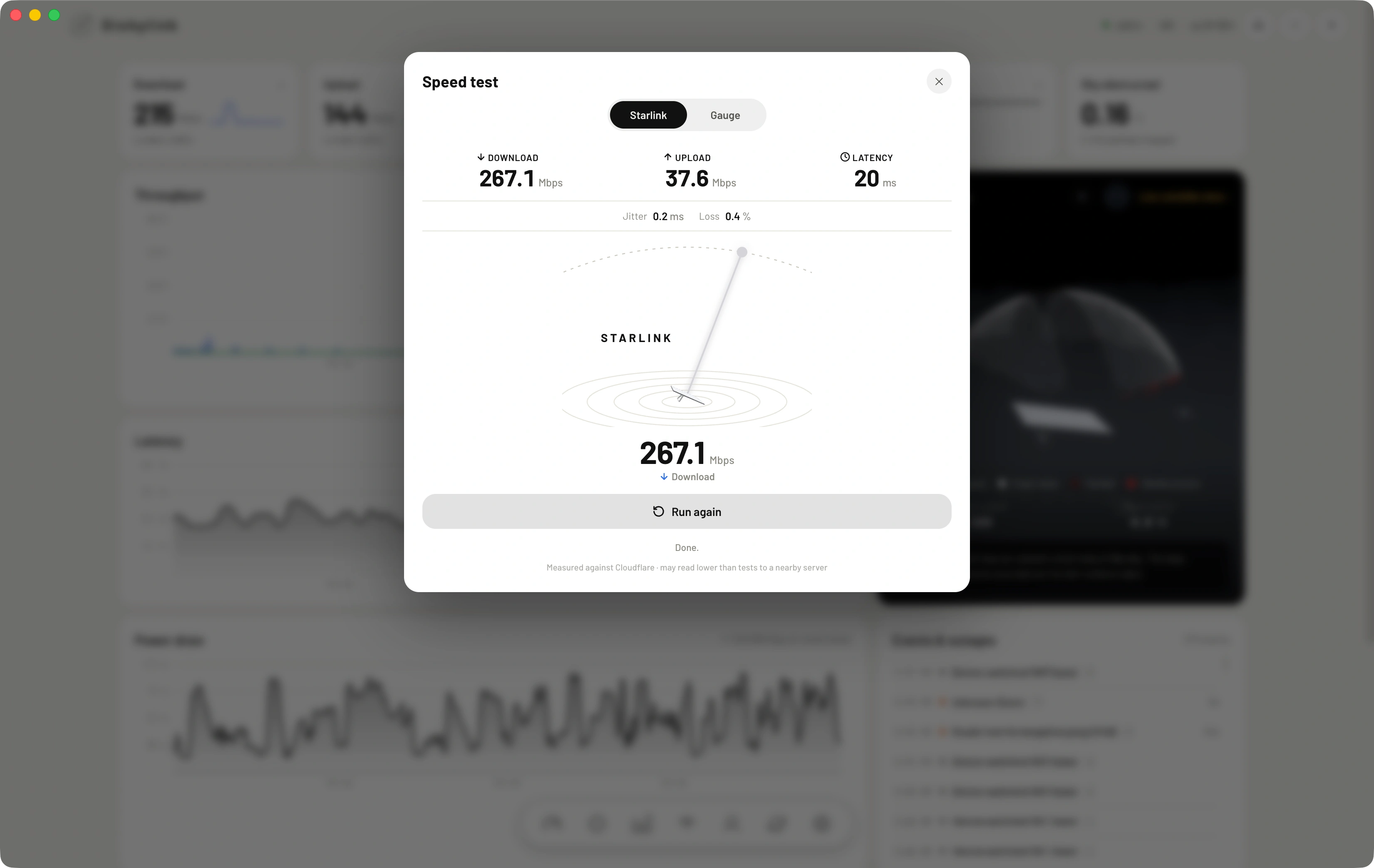 Dishylink's speed test: 267.1 Mbps down, 37.6 Mbps up and 20 ms latency, with jitter and packet loss beneath, a Starlink-styled dish animation, and a run-again button. Measured against Cloudflare.